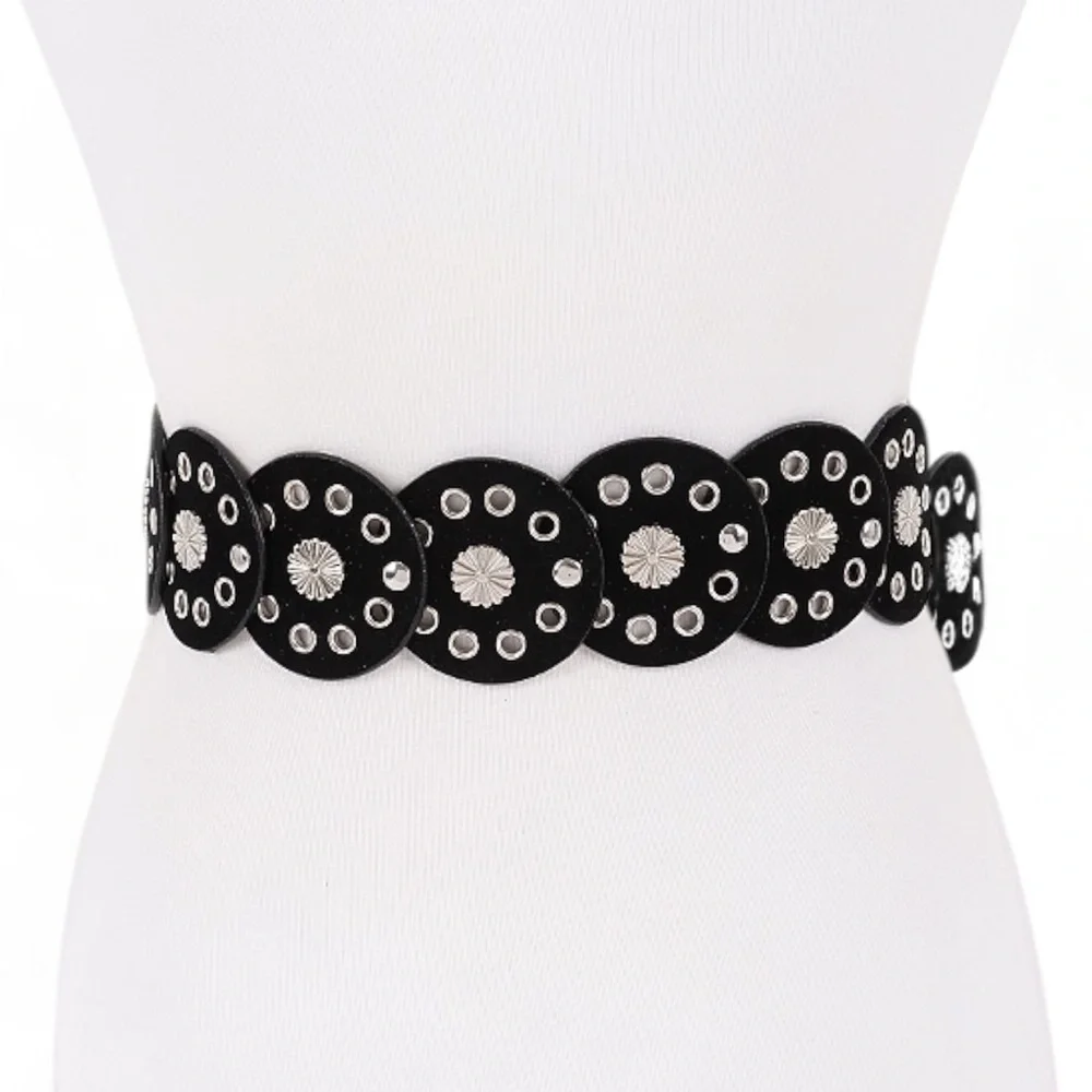 Silver Engraved Round Circle Concho Western Statement Belt